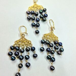 (PRZEDMIOT SPRZEDANY) Komplet naturalnych czarnych pereł złoto 585